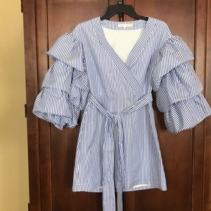 English Factory Blue Striped Puff Sleeves Dress